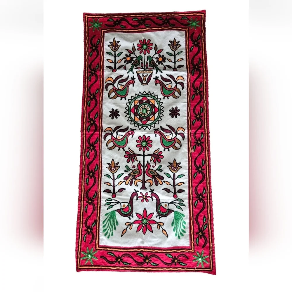 South American Folk Art Floral Embroidered Tapestry Table Runner  17×34 Wall Art